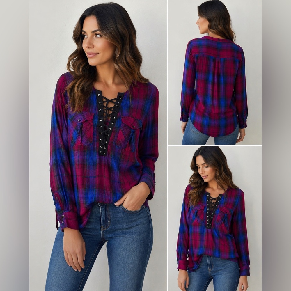 Express Plaid Lace Up Blouse Small Red Blue Rayon Tunic Top